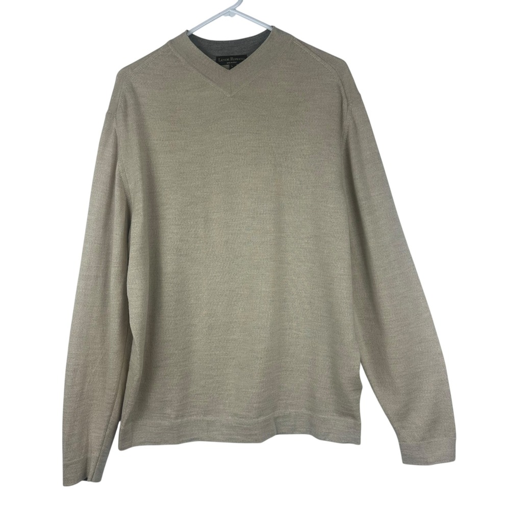 LENOR ROMANO Men's Beige High V-Neck Merino Wool Sweater Size L Made in Italy